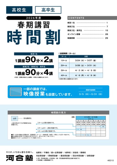 河合塾春期講習時間割_東海版（時間割）