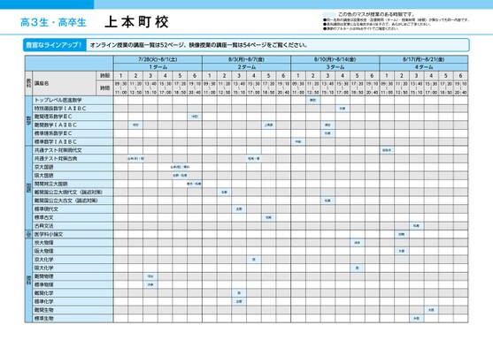河合塾夏期講習時間割_近畿版（時間割）