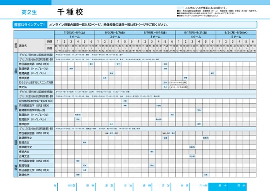 河合塾夏期講習時間割_東海版（時間割）