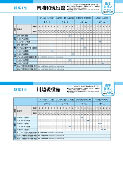 河合塾春期講習時間割_関東版