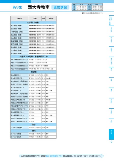 河合塾冬期・直前講習時間割_近畿版